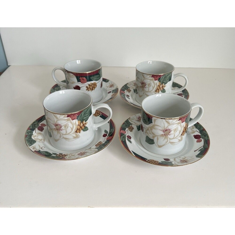 Tienshan Magnolia Fine China 8 piece set of 4 Cups and 4 Saucers